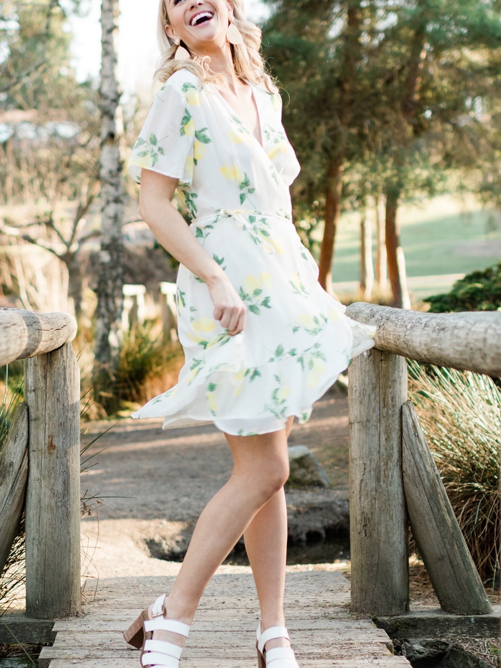 Lulu’s Women's White Floral Wrap Dress with Yellow Lemon Print